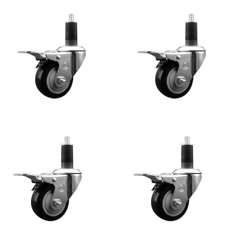 Service Caster 3'' SS Black Poly Swivel 1-1/4'' Expanding Stem Caster Set Total Lock Brake, 4PK SCC-SSEXTTL20S314-PPUB-BLK-114-4